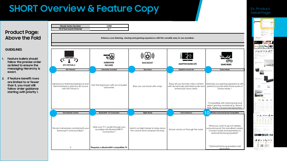 Short overview & feature copy, Product page: above the fold 9 | Samsung HW-C450 300W 2.1 Channel DTS Virtual:X Soundbar System User Manual | Page 4 / 12