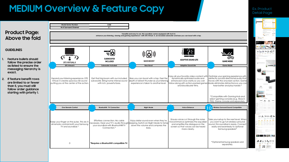 Medium overview & feature copy, Product page: above the fold, Guidelines | Ex. product detail page | Samsung HW-C450 300W 2.1 Channel DTS Virtual:X Soundbar System User Manual | Page 5 / 12
