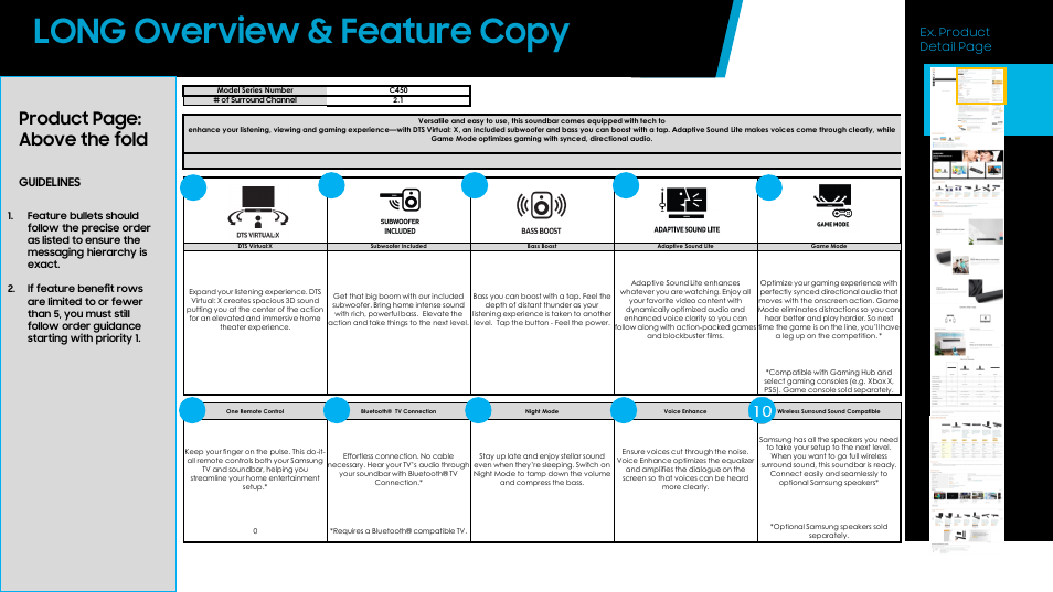 Long overview & feature copy, Product page: above the fold, Guidelines | Ex. product detail page | Samsung HW-C450 300W 2.1 Channel DTS Virtual:X Soundbar System User Manual | Page 6 / 12