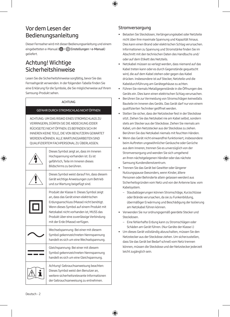 Deutsch, Vor dem lesen der bedienungsanleitung, Achtung! wichtige sicherheitshinweise | Stromversorgung | Samsung Neo QLED QN85A 75" Class HDR 4K UHD Smart TV User Manual | Page 10 / 44