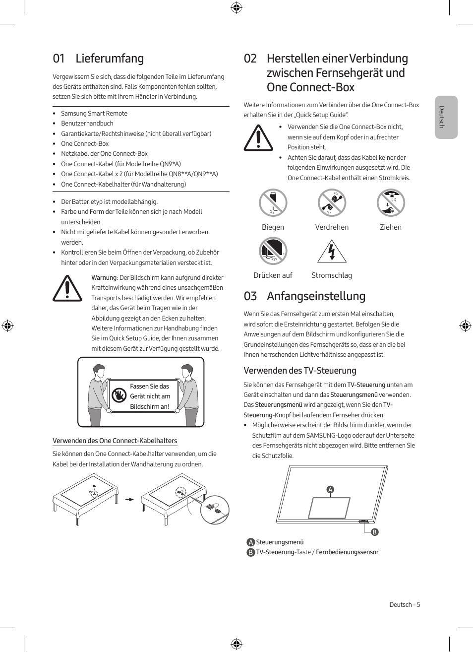 01 lieferumfang, 03 anfangseinstellung, Verwenden des tv-steuerung | Samsung Neo QLED QN85A 75" Class HDR 4K UHD Smart TV User Manual | Page 13 / 44