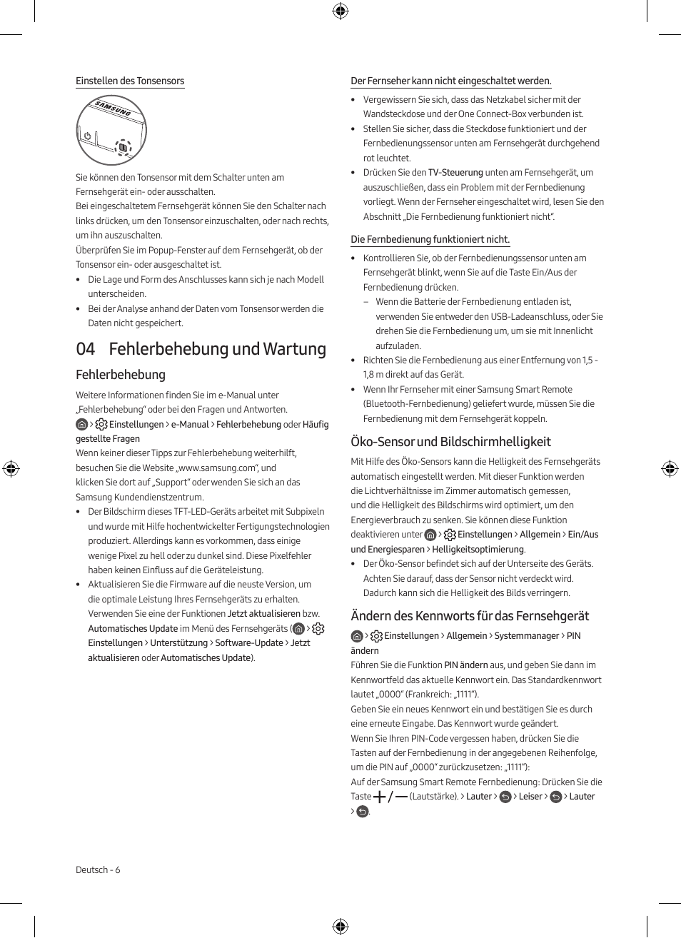 04 fehlerbehebung und wartung, Fehlerbehebung, Öko-sensor und bildschirmhelligkeit | Ändern des kennworts für das fernsehgerät | Samsung Neo QLED QN85A 75" Class HDR 4K UHD Smart TV User Manual | Page 14 / 44