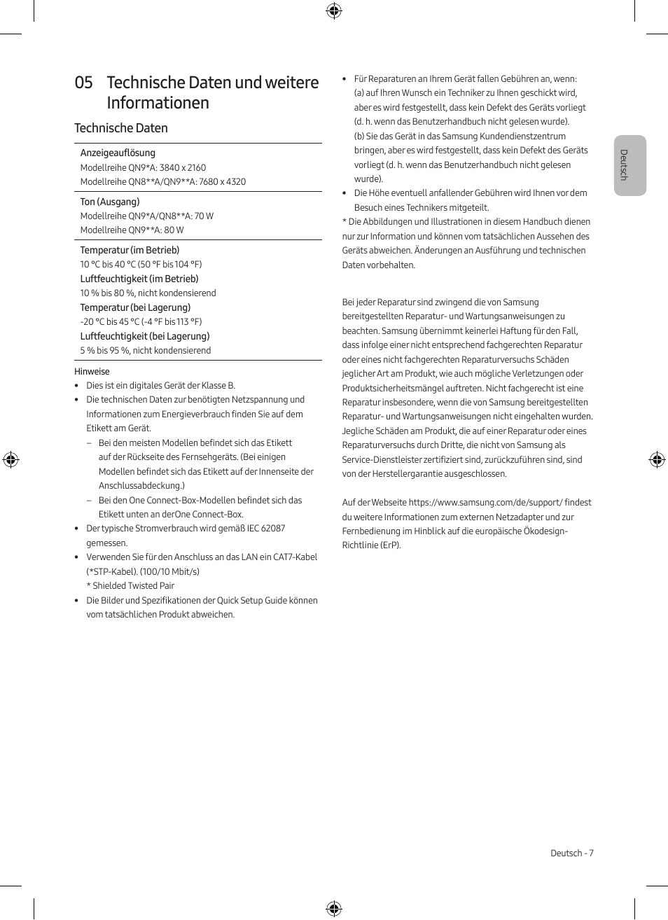 05 technische daten und weitere informationen, Technische daten | Samsung Neo QLED QN85A 75" Class HDR 4K UHD Smart TV User Manual | Page 15 / 44