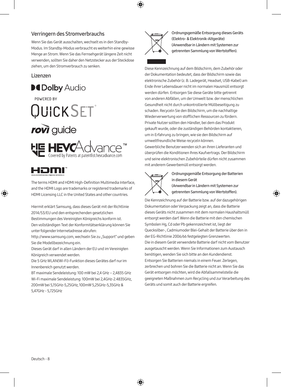 Verringern des stromverbrauchs, Lizenzen | Samsung Neo QLED QN85A 75" Class HDR 4K UHD Smart TV User Manual | Page 16 / 44