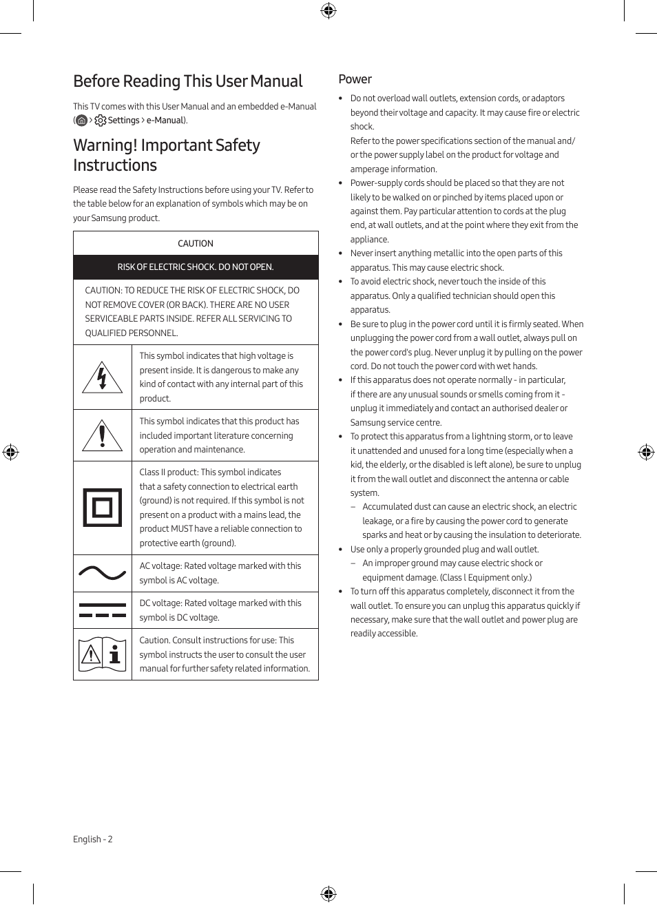 English, Before reading this user manual, Warning! important safety instructions | Power | Samsung Neo QLED QN85A 75" Class HDR 4K UHD Smart TV User Manual | Page 2 / 44