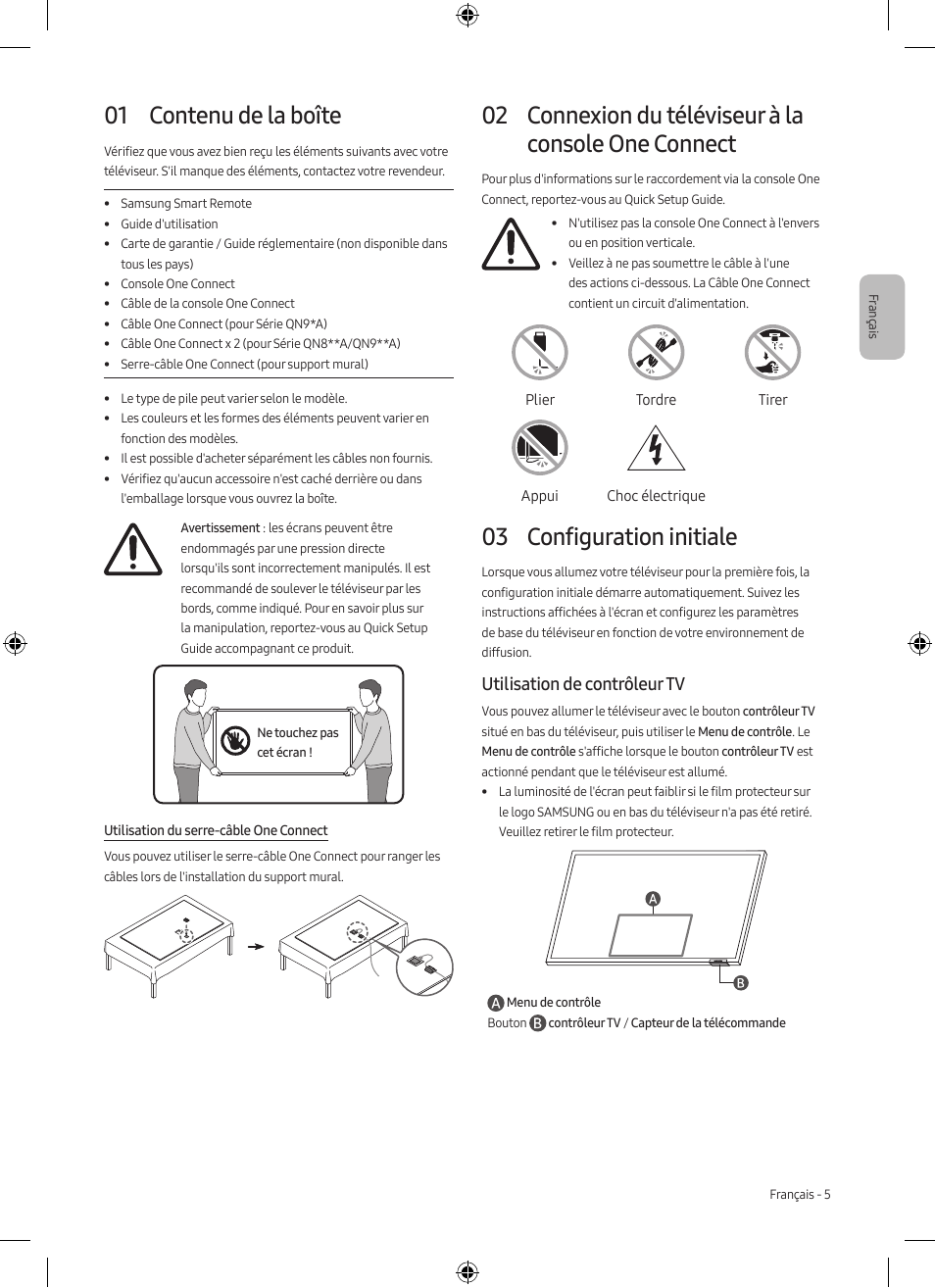 01 contenu de la boîte, 03 configuration initiale, Utilisation de contrôleur tv | Samsung Neo QLED QN85A 75" Class HDR 4K UHD Smart TV User Manual | Page 21 / 44