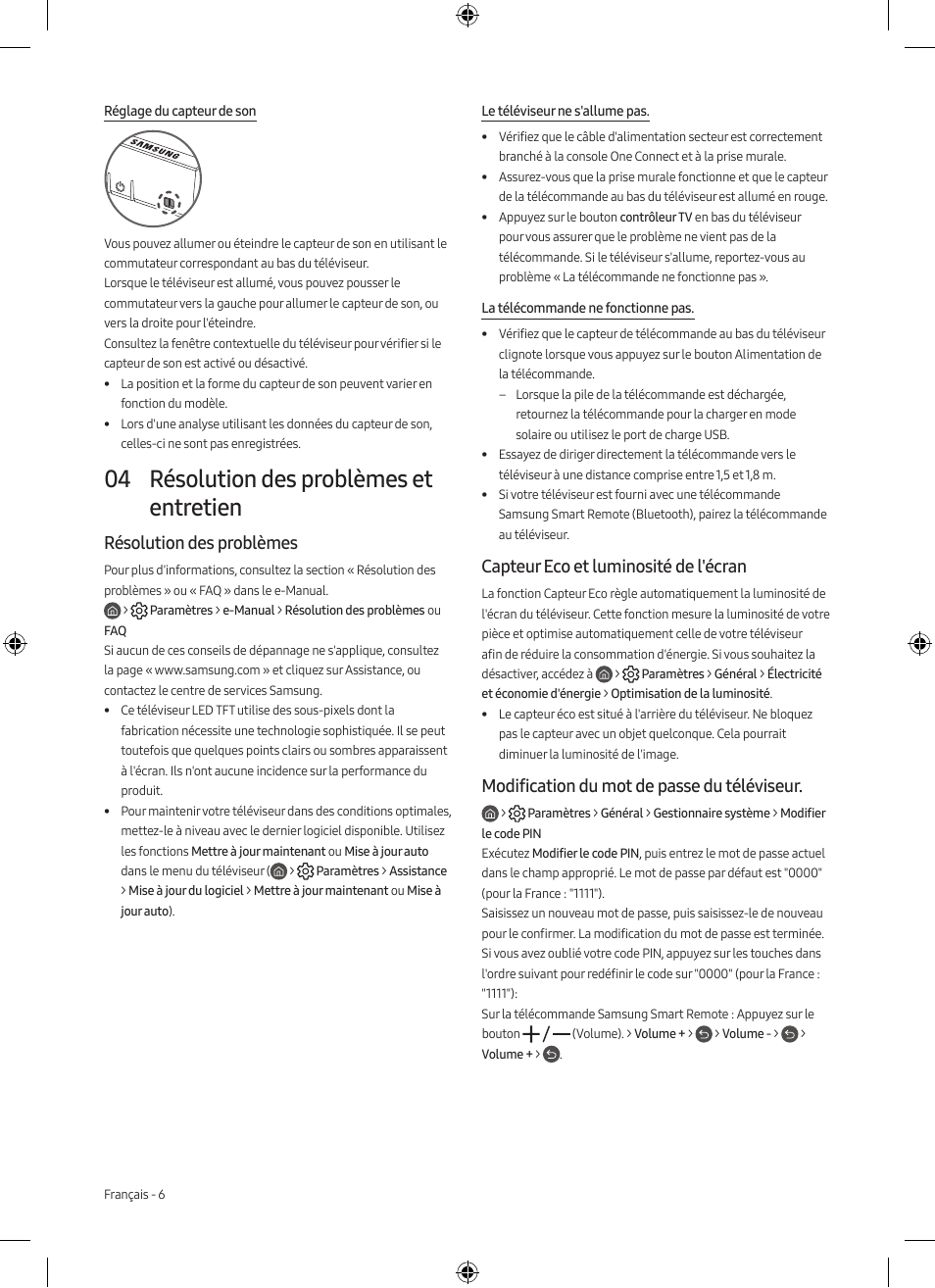 04 résolution des problèmes et entretien, Résolution des problèmes, Capteur eco et luminosité de l'écran | Modification du mot de passe du téléviseur | Samsung Neo QLED QN85A 75