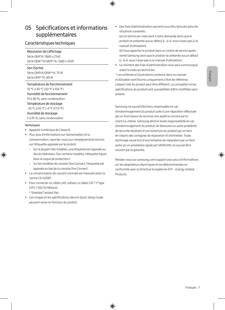 05 spécifications et informations supplémentaires, Caractéristiques techniques | Samsung Neo QLED QN85A 75" Class HDR 4K UHD Smart TV User Manual | Page 23 / 44
