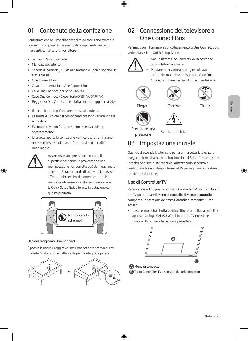 01 contenuto della confezione, 02 connessione del televisore a one connect box, 03 impostazione iniziale | Uso di controller tv | Samsung Neo QLED QN85A 75" Class HDR 4K UHD Smart TV User Manual | Page 29 / 44