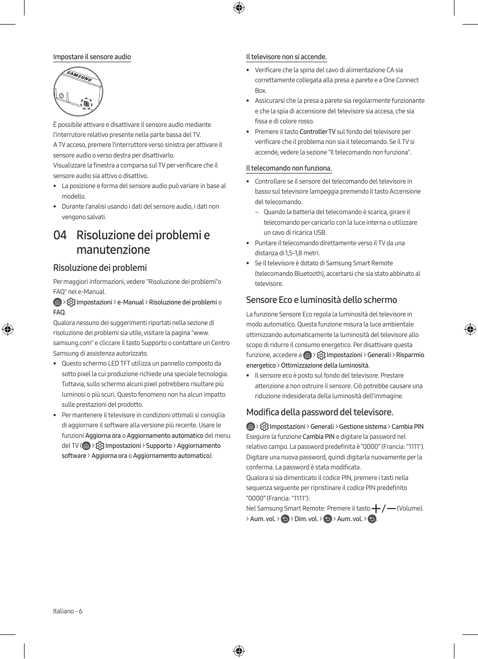 04 risoluzione dei problemi e manutenzione, Risoluzione dei problemi, Sensore eco e luminosità dello schermo | Modifica della password del televisore | Samsung Neo QLED QN85A 75" Class HDR 4K UHD Smart TV User Manual | Page 30 / 44