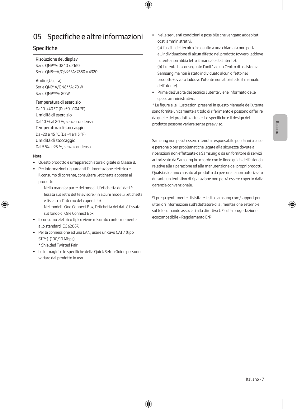 05 specifiche e altre informazioni, Specifiche | Samsung Neo QLED QN85A 75" Class HDR 4K UHD Smart TV User Manual | Page 31 / 44