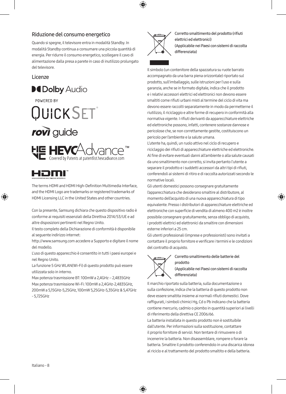 Riduzione del consumo energetico, Licenze | Samsung Neo QLED QN85A 75" Class HDR 4K UHD Smart TV User Manual | Page 32 / 44