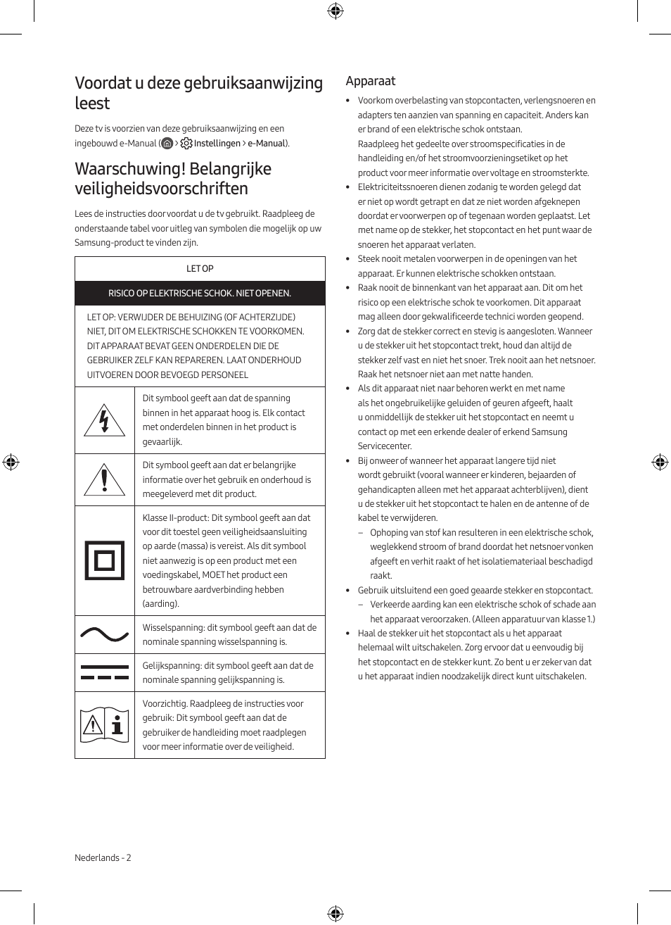 Nederlands, Voordat u deze gebruiksaanwijzing leest, Waarschuwing! belangrijke veiligheidsvoorschriften | Apparaat | Samsung Neo QLED QN85A 75" Class HDR 4K UHD Smart TV User Manual | Page 34 / 44