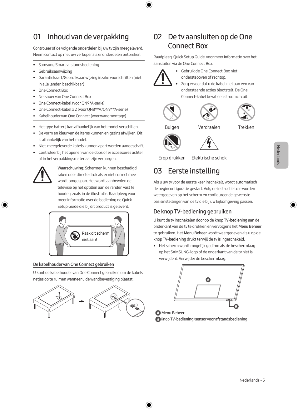 01 inhoud van de verpakking, 02 de tv aansluiten op de one connect box, 03 eerste instelling | De knop tv-bediening gebruiken | Samsung Neo QLED QN85A 75" Class HDR 4K UHD Smart TV User Manual | Page 37 / 44