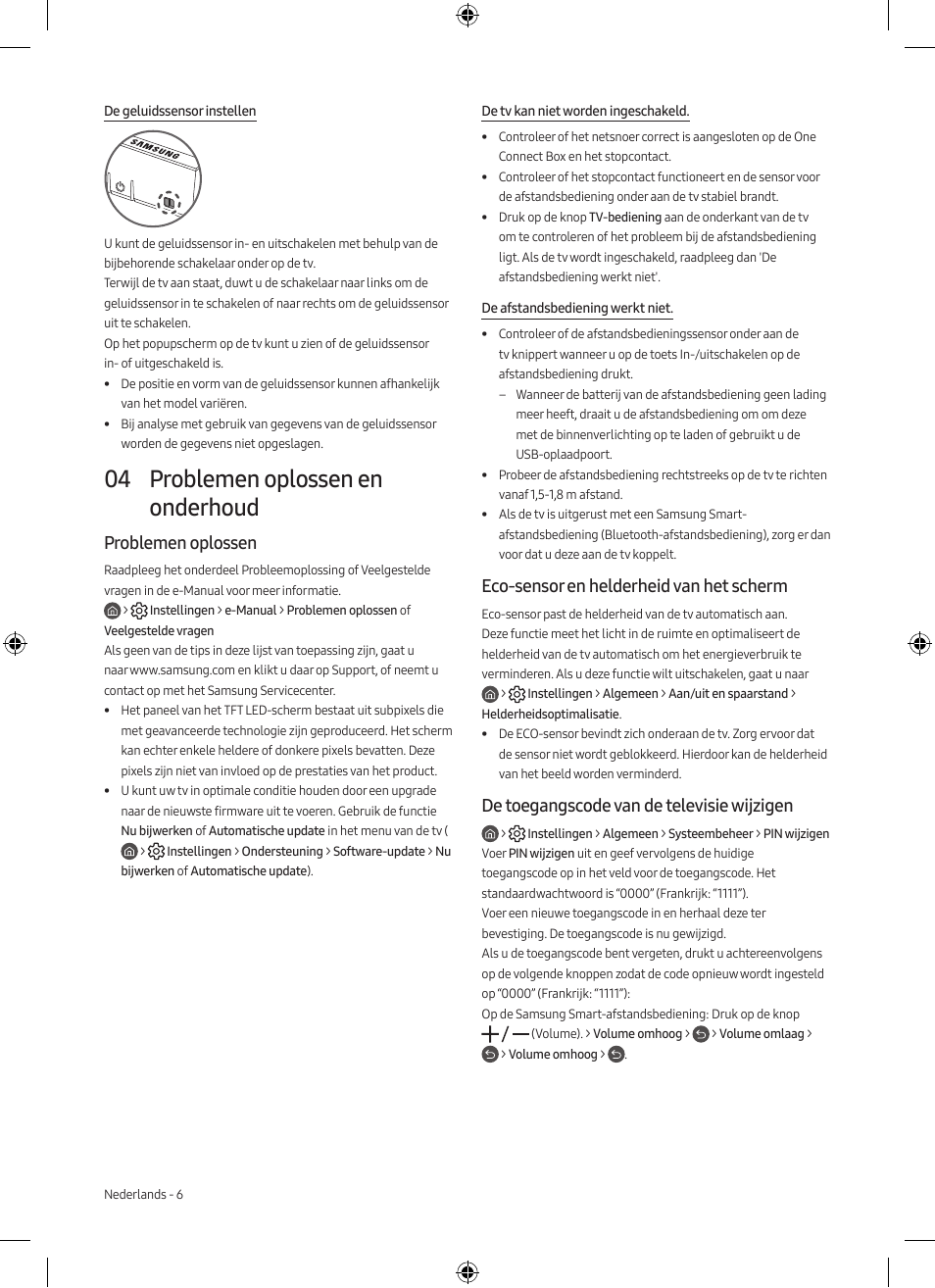 04 problemen oplossen en onderhoud, Problemen oplossen, Eco-sensor en helderheid van het scherm | De toegangscode van de televisie wijzigen | Samsung Neo QLED QN85A 75" Class HDR 4K UHD Smart TV User Manual | Page 38 / 44