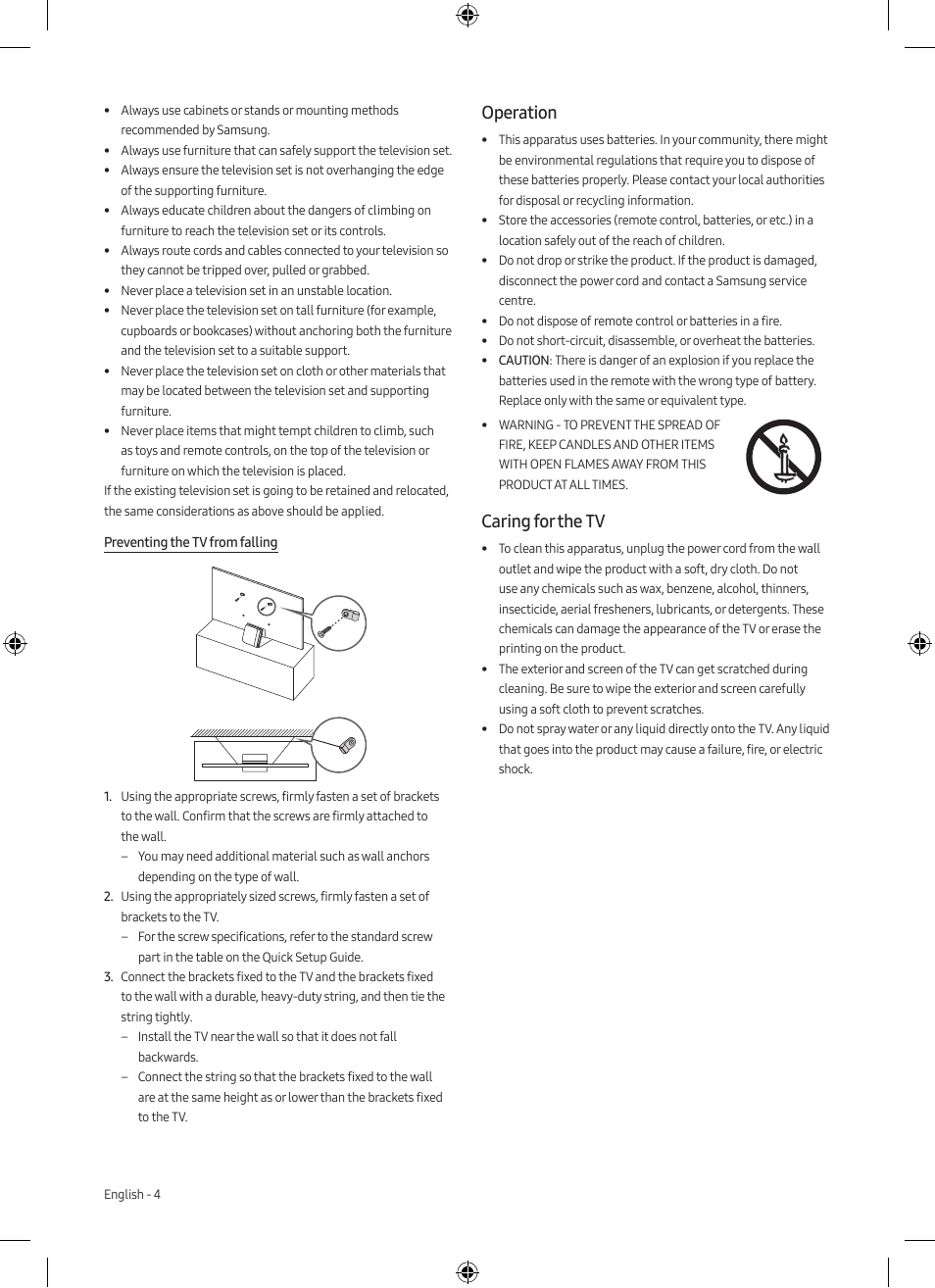 Operation, Caring for the tv | Samsung Neo QLED QN85A 75" Class HDR 4K UHD Smart TV User Manual | Page 4 / 44