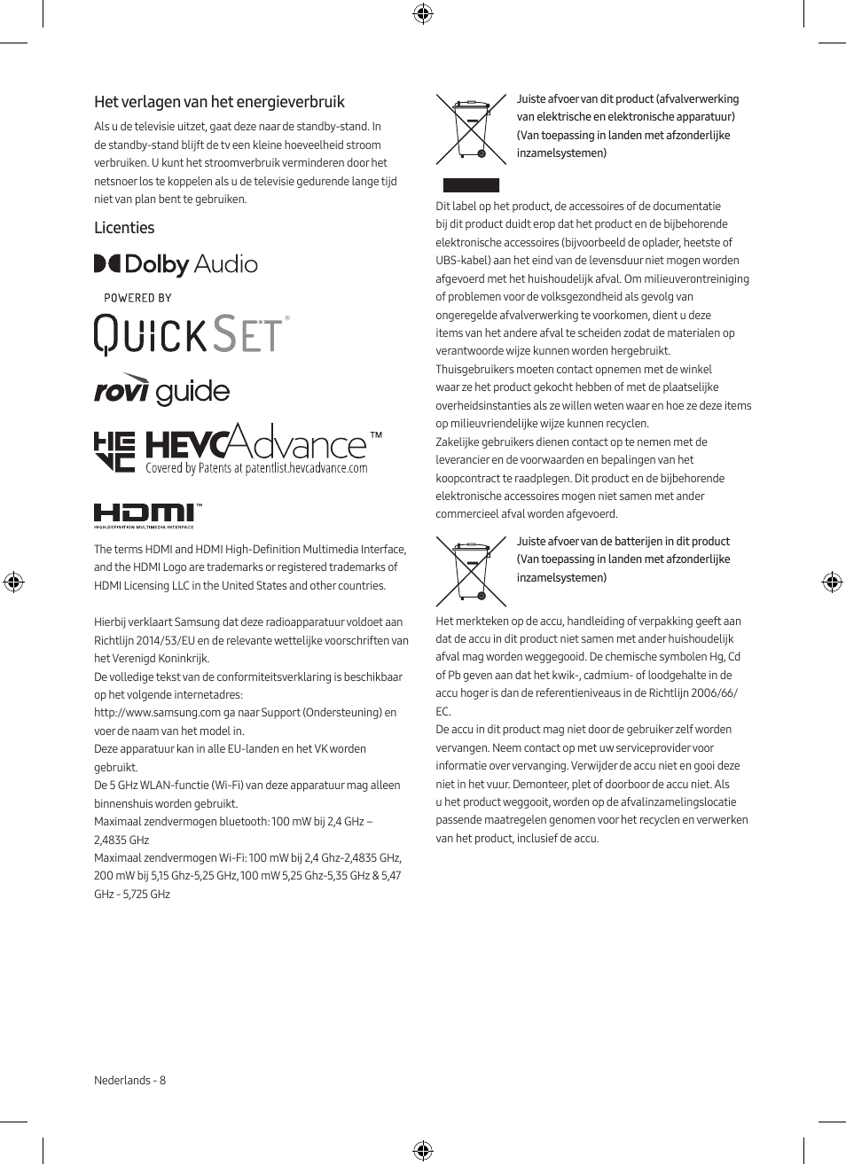 Het verlagen van het energieverbruik, Licenties | Samsung Neo QLED QN85A 75" Class HDR 4K UHD Smart TV User Manual | Page 40 / 44