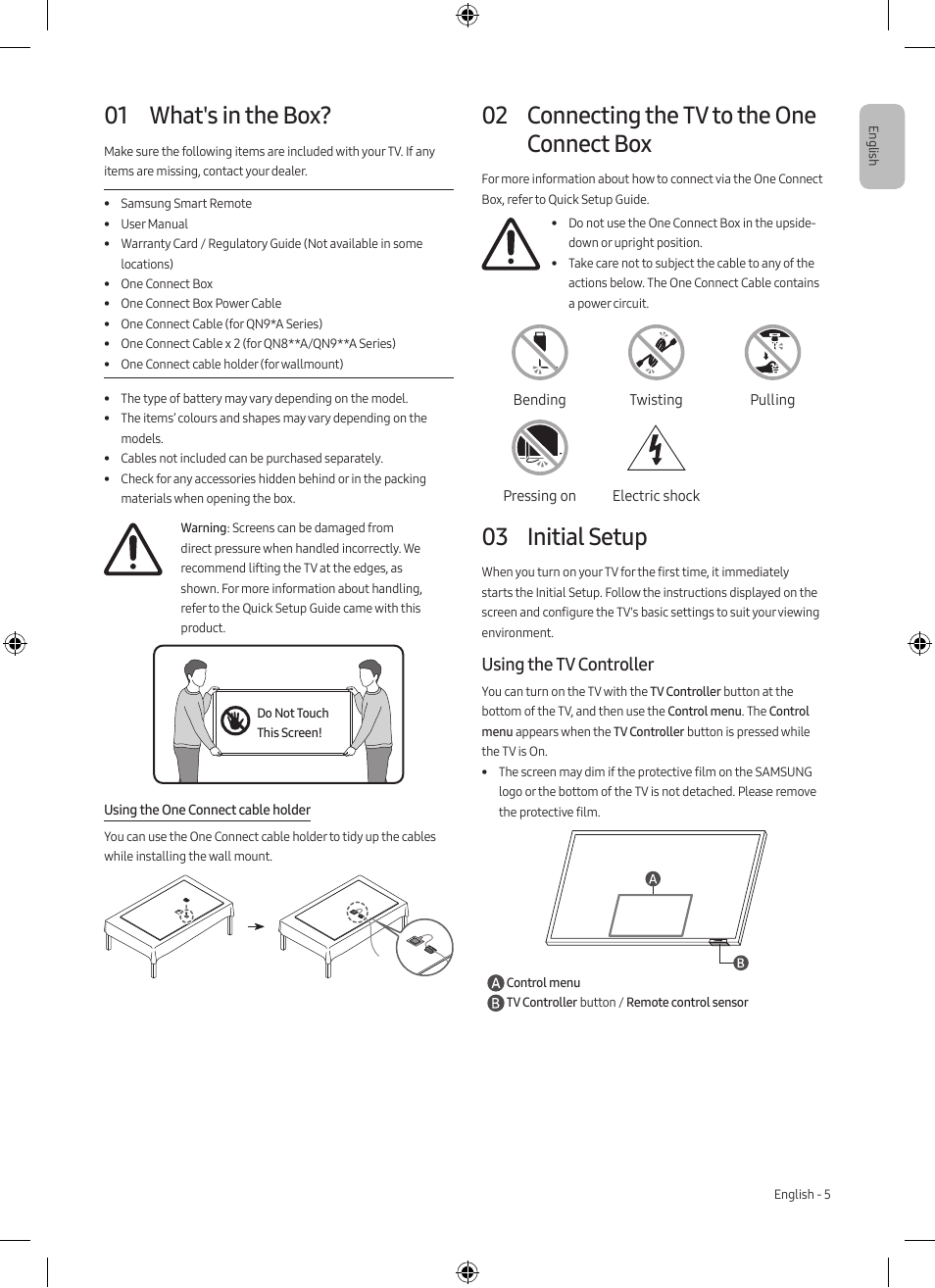 01 what's in the box, 02 connecting the tv to the one connect box, 03 initial setup | Using the tv controller | Samsung Neo QLED QN85A 75