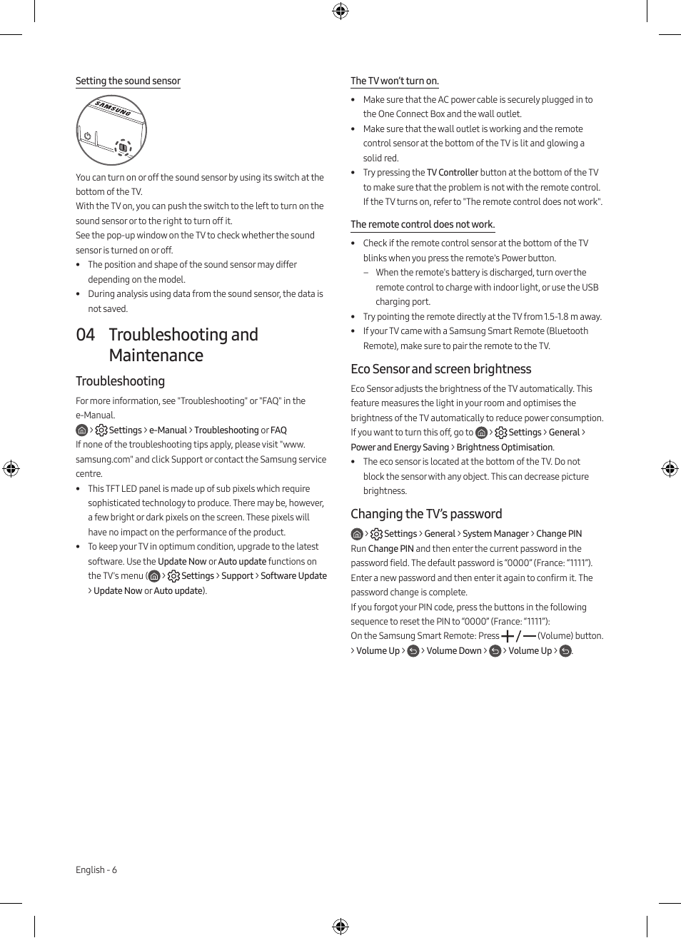 04 troubleshooting and maintenance, Troubleshooting, Eco sensor and screen brightness | Changing the tv’s password | Samsung Neo QLED QN85A 75" Class HDR 4K UHD Smart TV User Manual | Page 6 / 44