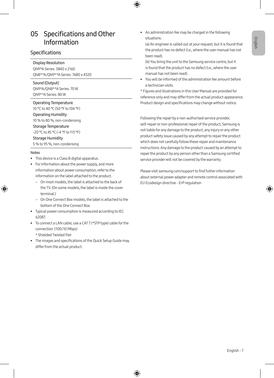 05 specifications and other information, Specifications | Samsung Neo QLED QN85A 75" Class HDR 4K UHD Smart TV User Manual | Page 7 / 44