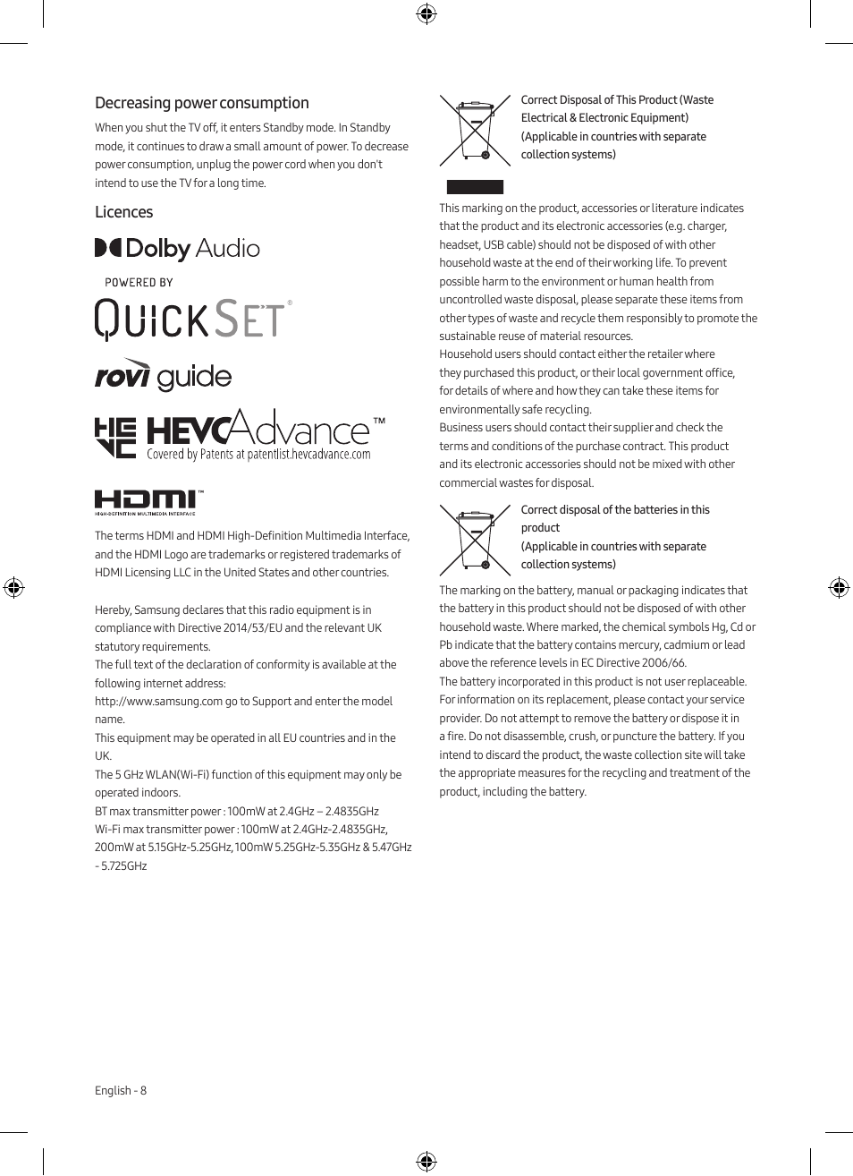 Decreasing power consumption, Licences | Samsung Neo QLED QN85A 75" Class HDR 4K UHD Smart TV User Manual | Page 8 / 44