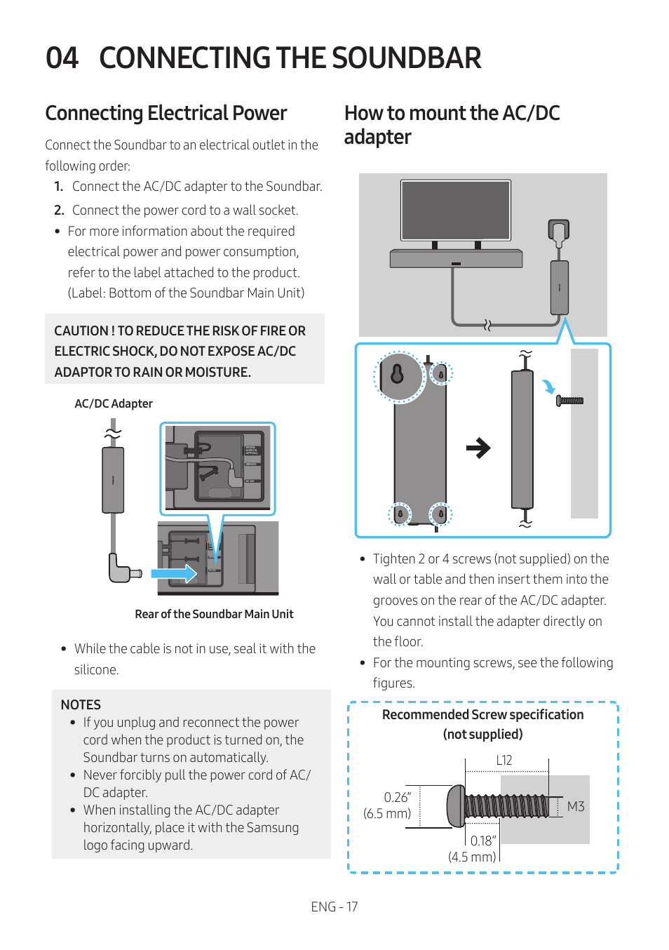 04 connecting the soundbar, Connecting electrical power, How to mount the ac/dc adapter | Connecting the soundbar | Samsung The Terrace HW-LST70T 210W 3-Channel Outdoor Soundbar User Manual | Page 17 / 42