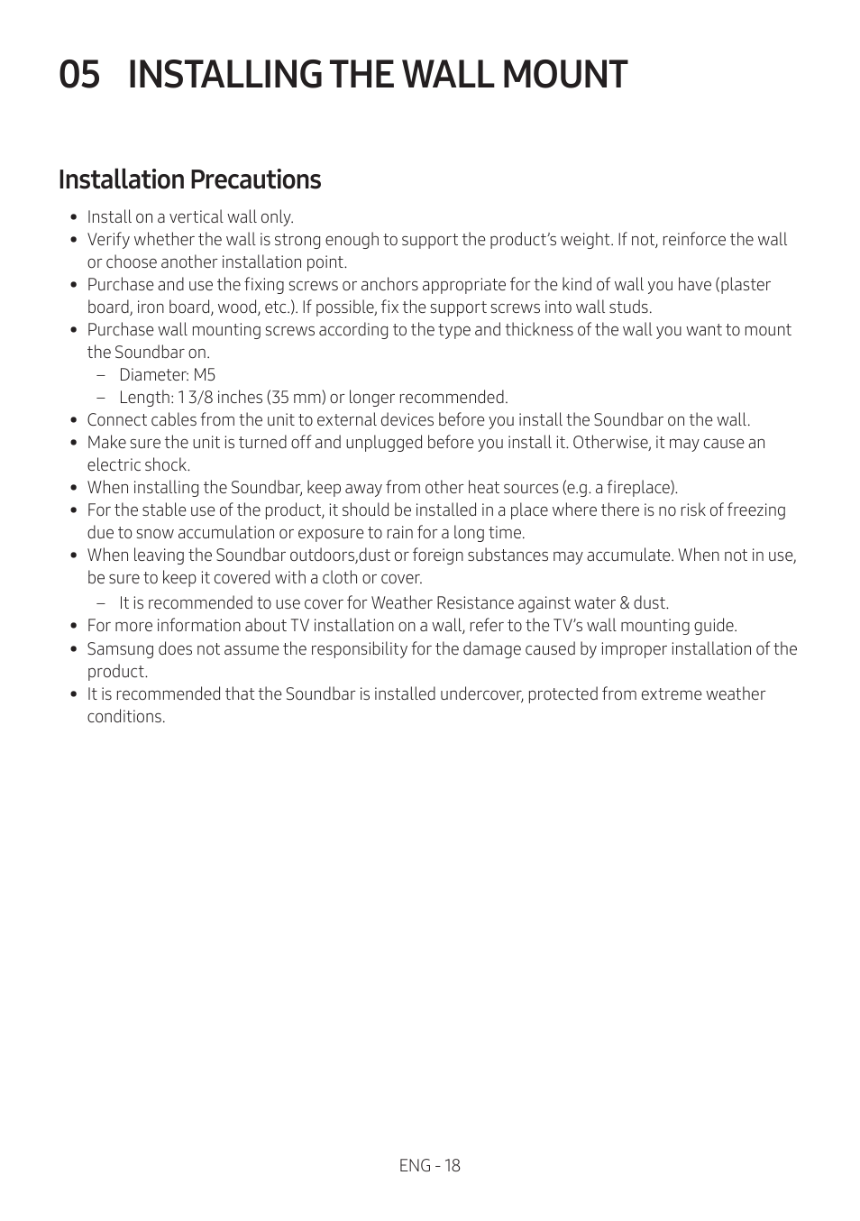 05 installing the wall mount, Installation precautions, Installing the wall mount | Samsung The Terrace HW-LST70T 210W 3-Channel Outdoor Soundbar User Manual | Page 18 / 42