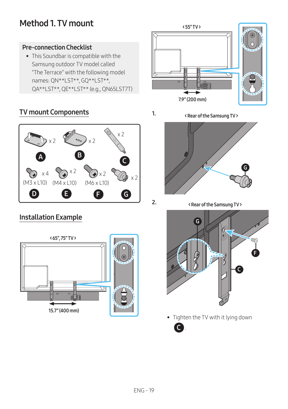 Method 1. tv mount, Service dc 23v digital audio in (optical), Tv mount components | Installation example | Samsung The Terrace HW-LST70T 210W 3-Channel Outdoor Soundbar User Manual | Page 19 / 42