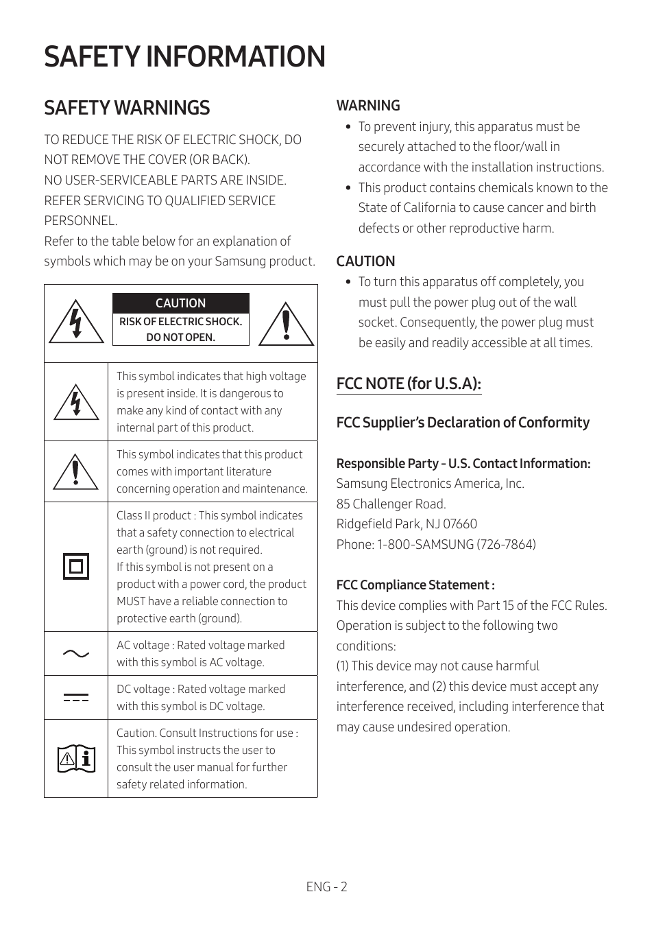 Safety information, Safety warnings | Samsung The Terrace HW-LST70T 210W 3-Channel Outdoor Soundbar User Manual | Page 2 / 42