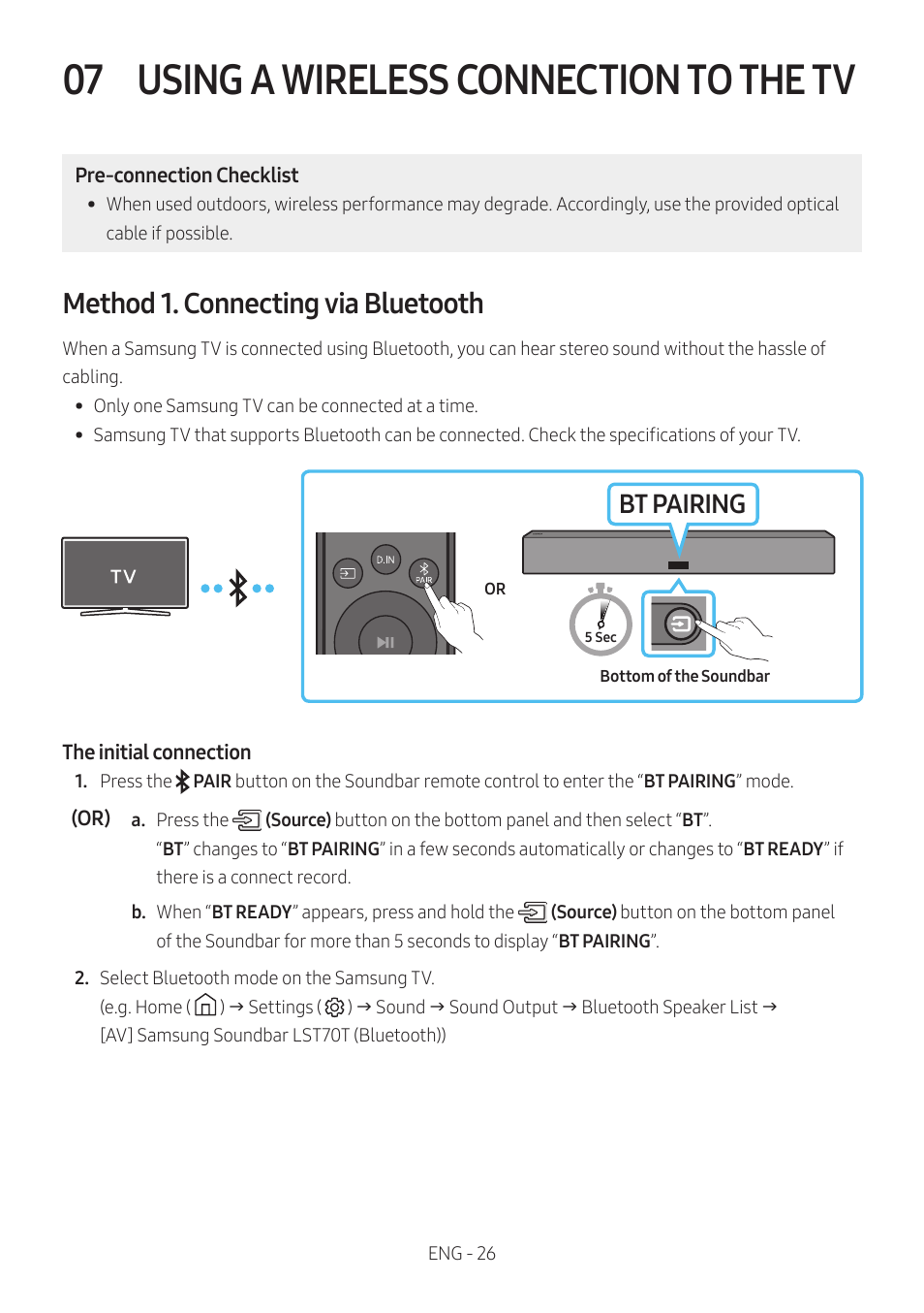 07 using a wireless connection to the tv, Method 1. connecting via bluetooth, Using a wireless connection to the tv | Bt pairing | Samsung The Terrace HW-LST70T 210W 3-Channel Outdoor Soundbar User Manual | Page 26 / 42