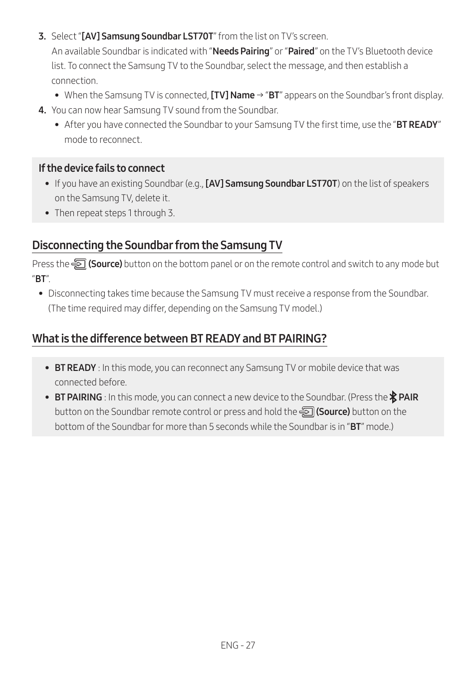 Disconnecting the soundbar from the samsung tv | Samsung The Terrace HW-LST70T 210W 3-Channel Outdoor Soundbar User Manual | Page 27 / 42