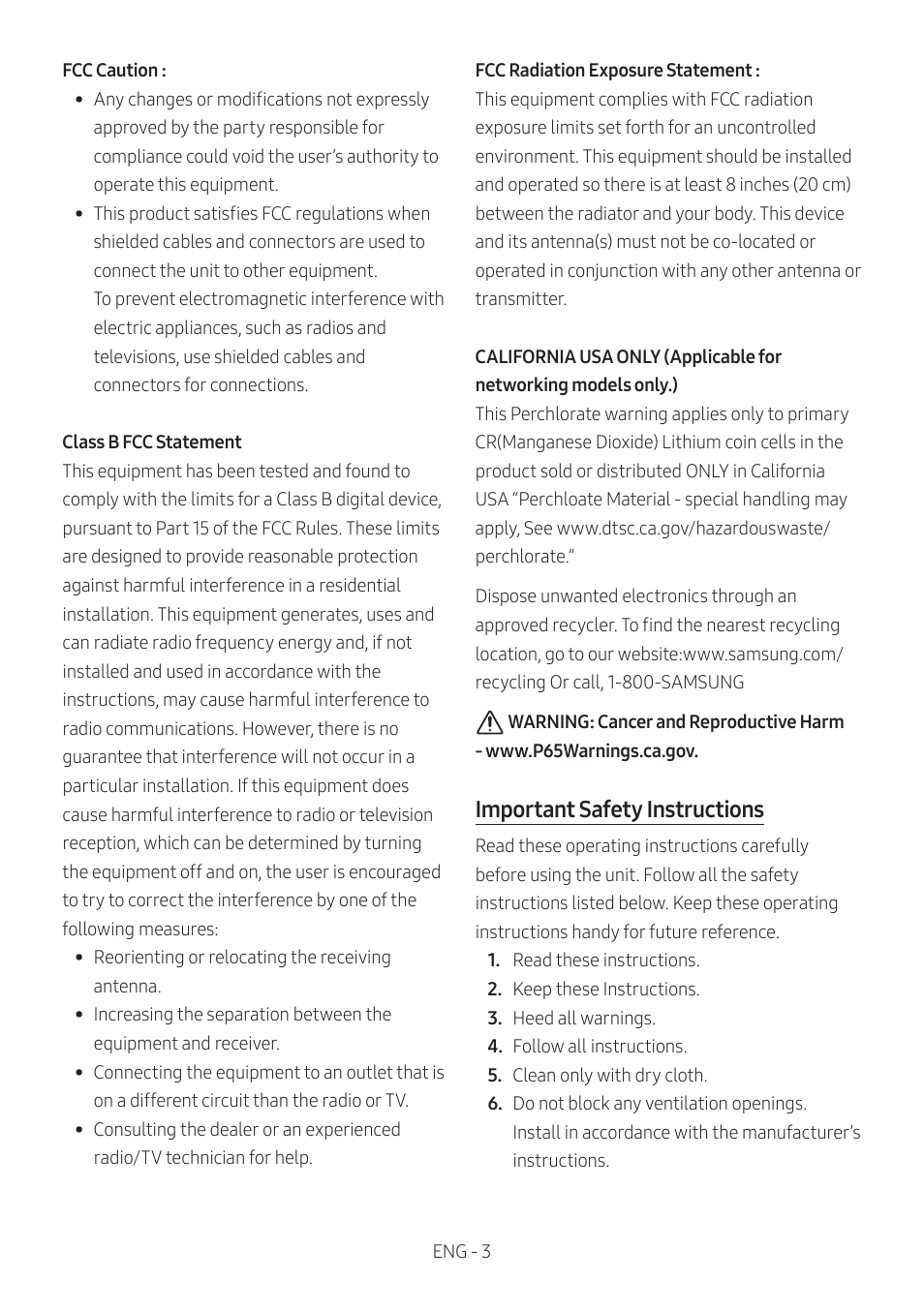 Important safety instructions | Samsung The Terrace HW-LST70T 210W 3-Channel Outdoor Soundbar User Manual | Page 3 / 42