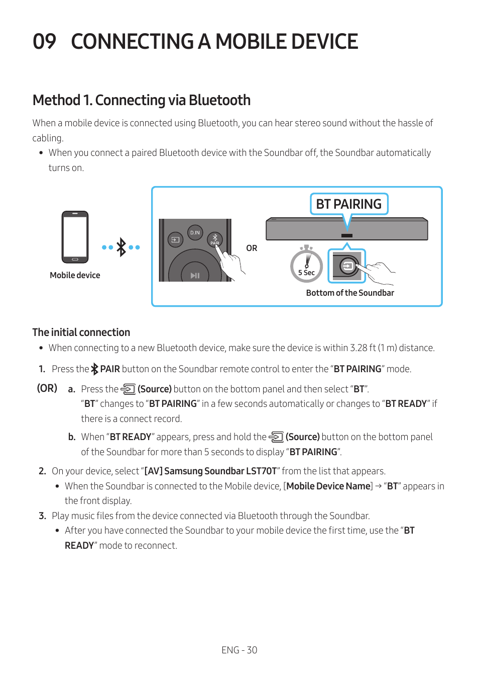 09 connecting a mobile device, Method 1. connecting via bluetooth, Connecting a mobile device | Bt pairing | Samsung The Terrace HW-LST70T 210W 3-Channel Outdoor Soundbar User Manual | Page 30 / 42