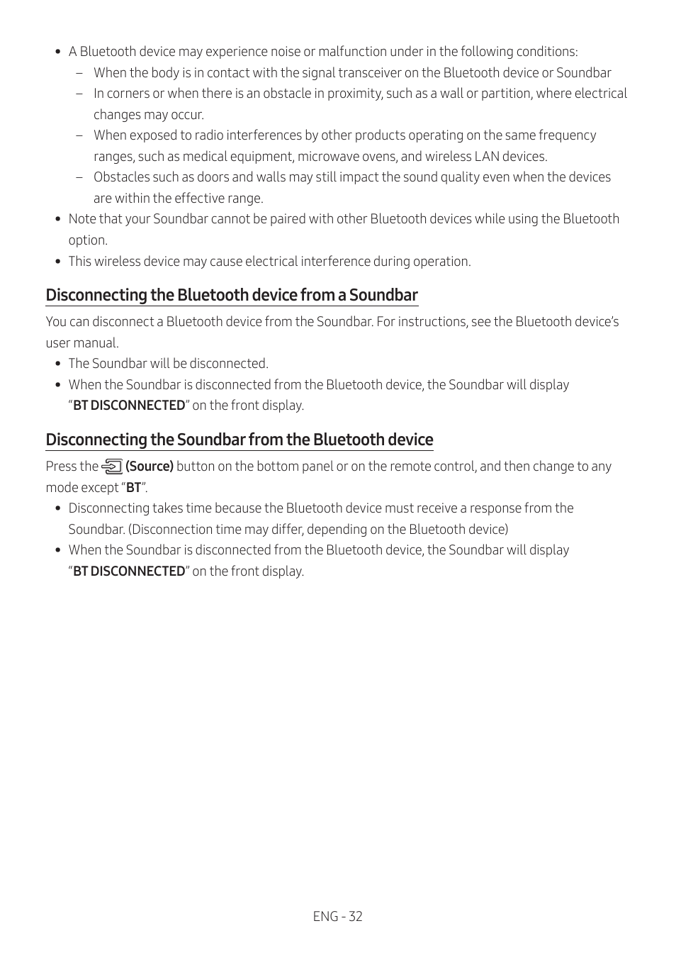 Disconnecting the bluetooth device from a soundbar | Samsung The Terrace HW-LST70T 210W 3-Channel Outdoor Soundbar User Manual | Page 32 / 42