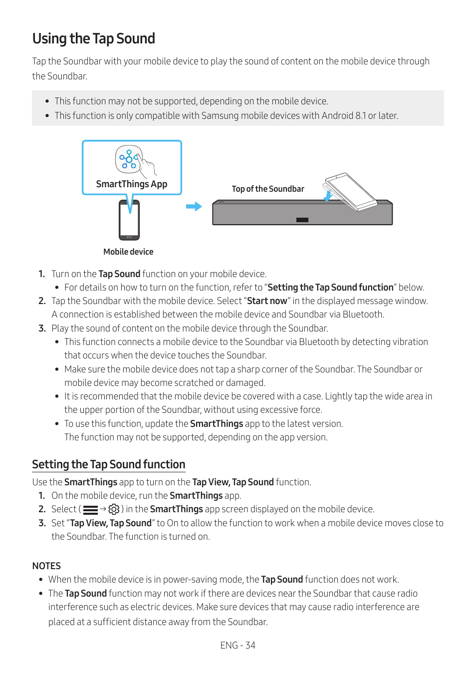 Using the tap sound, Setting the tap sound function | Samsung The Terrace HW-LST70T 210W 3-Channel Outdoor Soundbar User Manual | Page 34 / 42