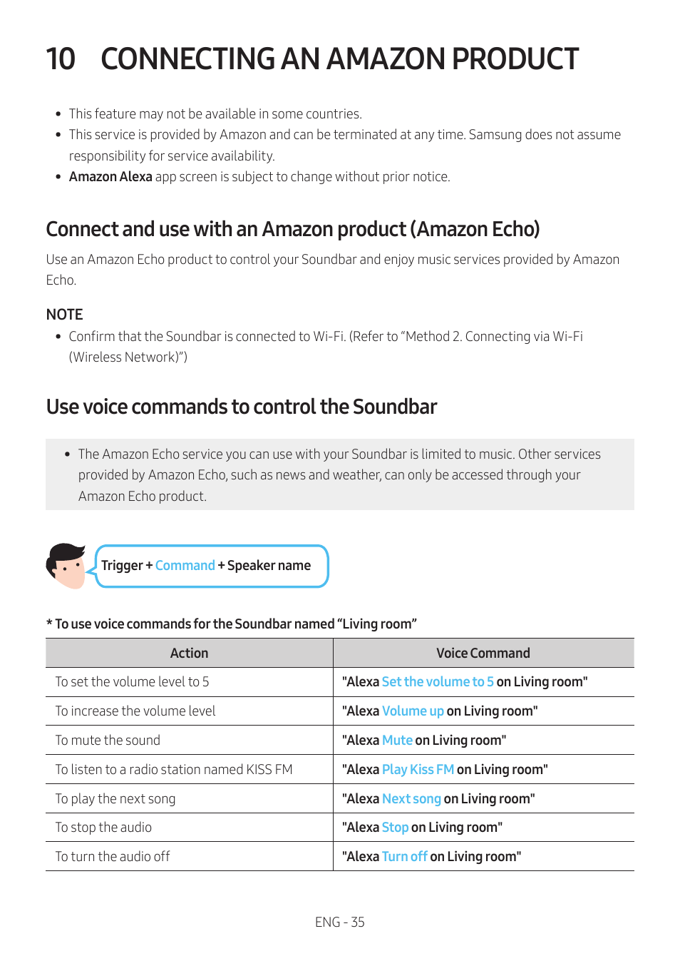 10 connecting an amazon product, Use voice commands to control the soundbar, Connecting an amazon product | Samsung The Terrace HW-LST70T 210W 3-Channel Outdoor Soundbar User Manual | Page 35 / 42