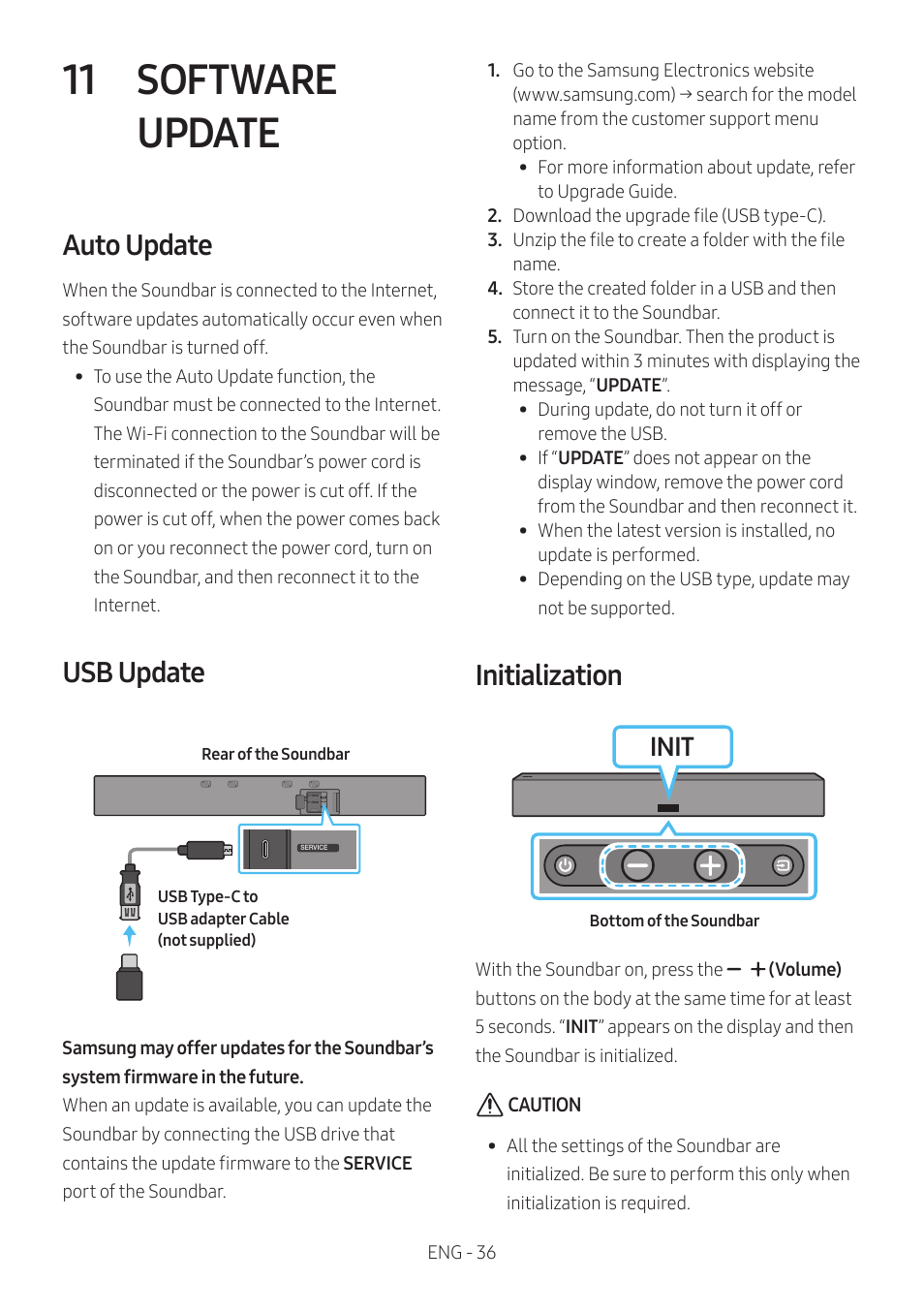 11 software update, Auto update, Usb update | Initialization, Software update, Init | Samsung The Terrace HW-LST70T 210W 3-Channel Outdoor Soundbar User Manual | Page 36 / 42