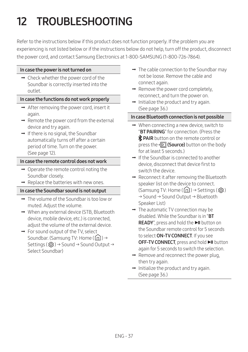 12 troubleshooting | Samsung The Terrace HW-LST70T 210W 3-Channel Outdoor Soundbar User Manual | Page 37 / 42