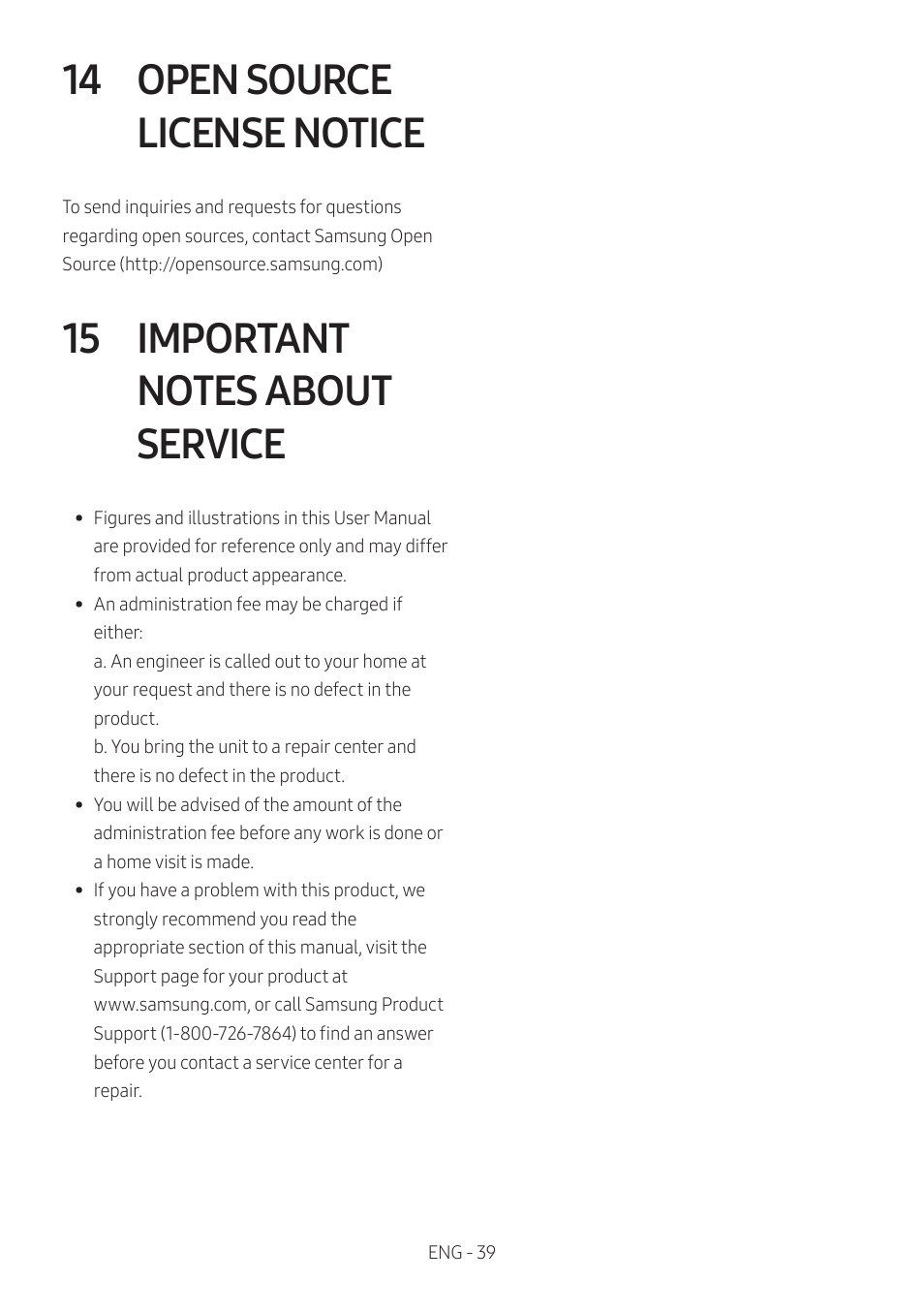 14 open source license notice, 15 important notes about service, Open source license notice | Important notes about service | Samsung The Terrace HW-LST70T 210W 3-Channel Outdoor Soundbar User Manual | Page 39 / 42