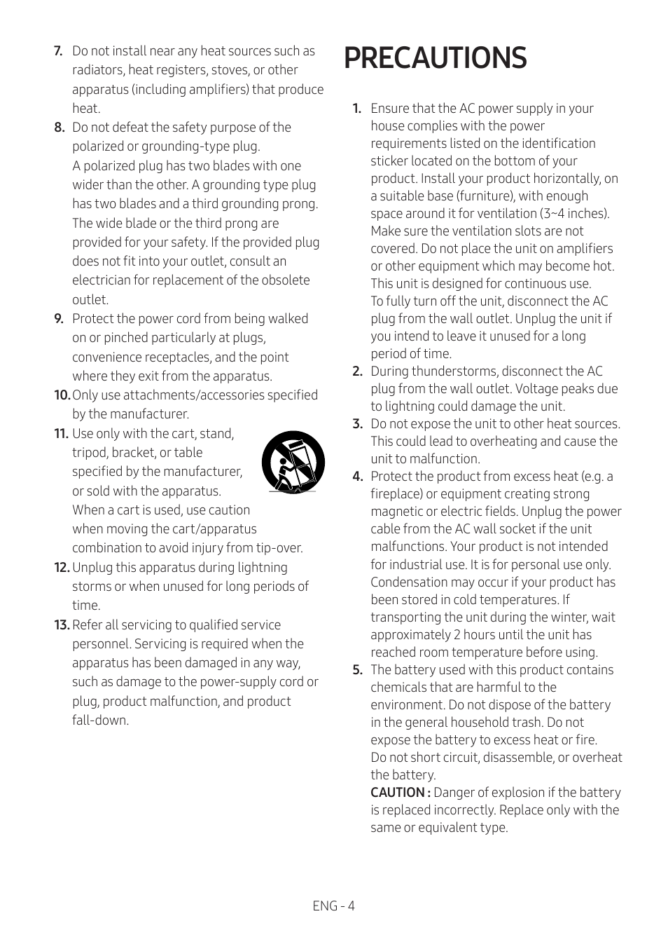 Precautions | Samsung The Terrace HW-LST70T 210W 3-Channel Outdoor Soundbar User Manual | Page 4 / 42