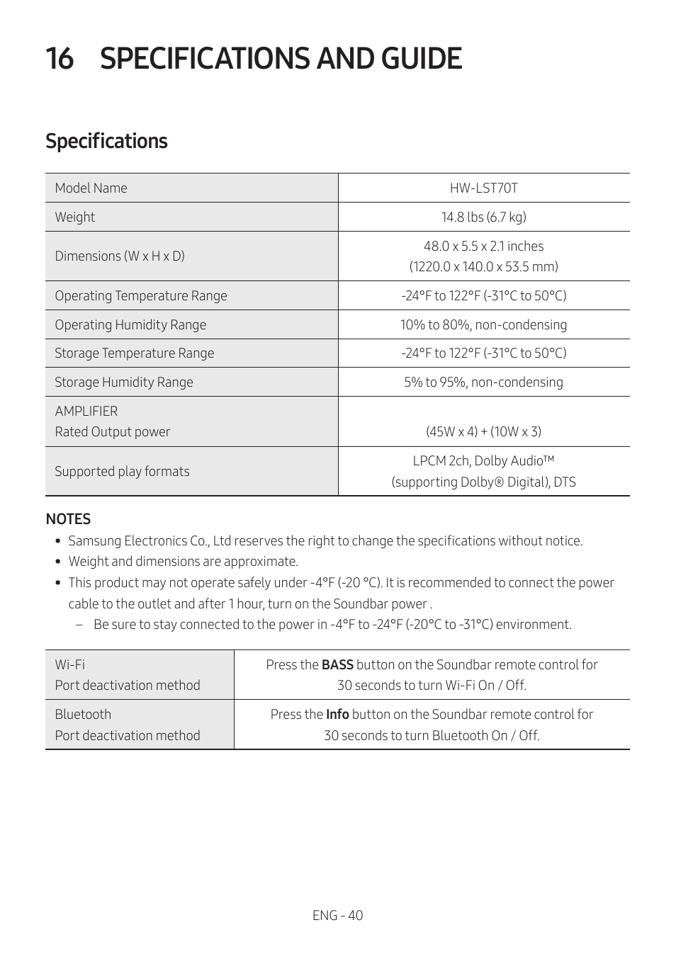 16 specifications and guide, Specifications, Specifications and guide | Samsung The Terrace HW-LST70T 210W 3-Channel Outdoor Soundbar User Manual | Page 40 / 42