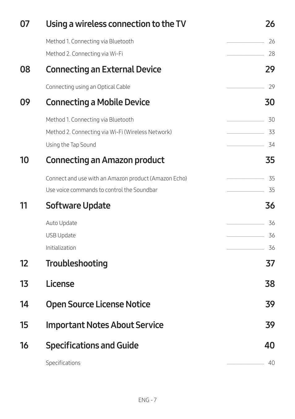 07 using a wireless connection to the tv 26, 08 connecting an external device 29, 09 connecting a mobile device 30 | 10 connecting an amazon product 35, 11 software update 36 | Samsung The Terrace HW-LST70T 210W 3-Channel Outdoor Soundbar User Manual | Page 7 / 42