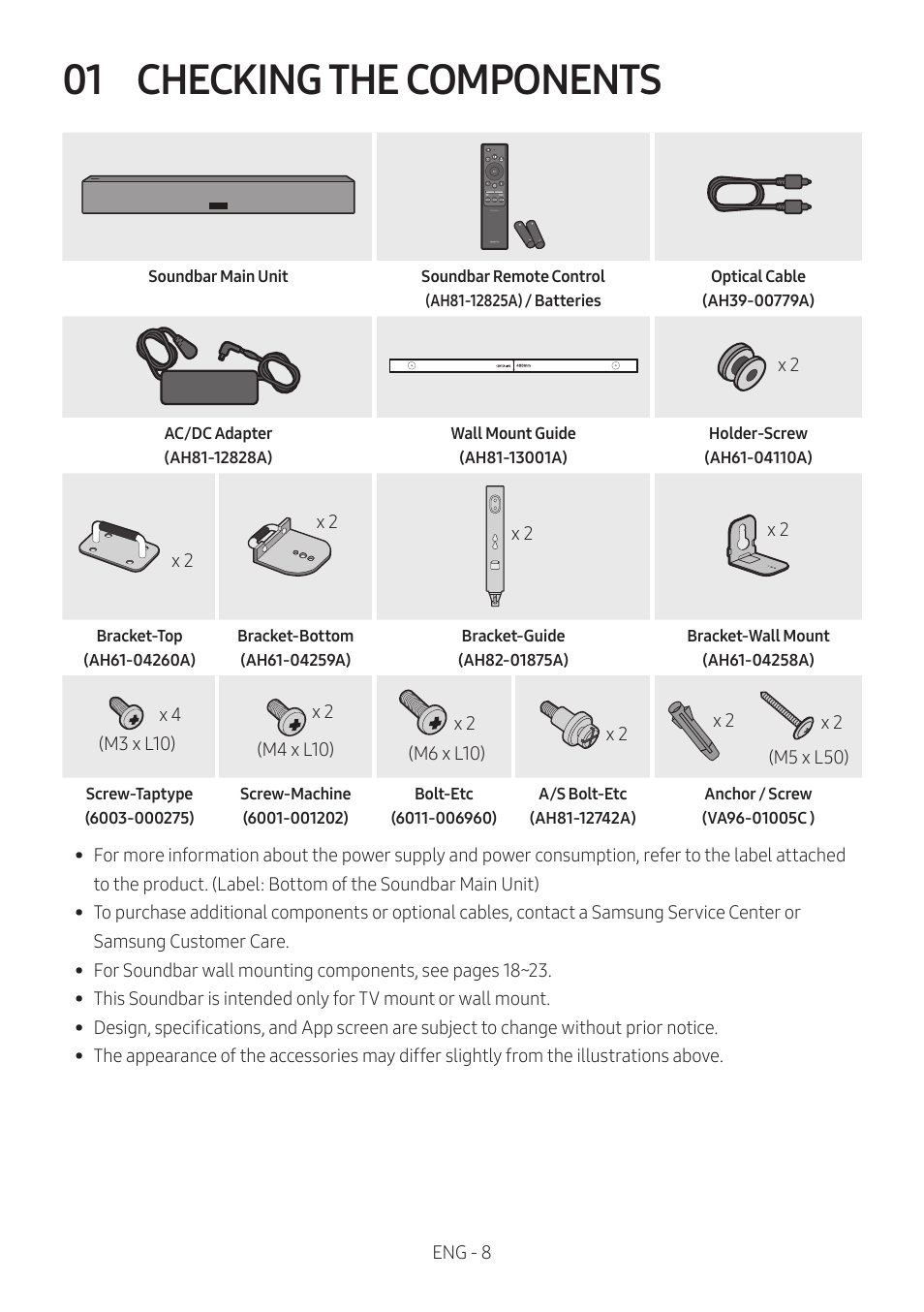 01 checking the components, Checking the components | Samsung The Terrace HW-LST70T 210W 3-Channel Outdoor Soundbar User Manual | Page 8 / 42