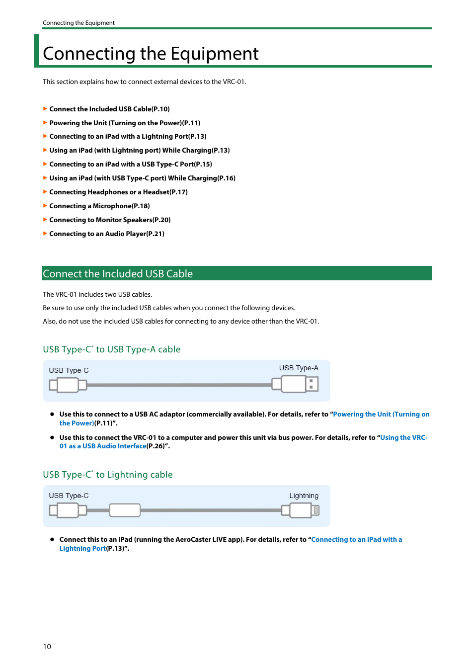 Connecting the equipment, Connect the included usb cable, Usb type-c | Roland AeroCaster Livestreaming System User Manual | Page 10 / 34