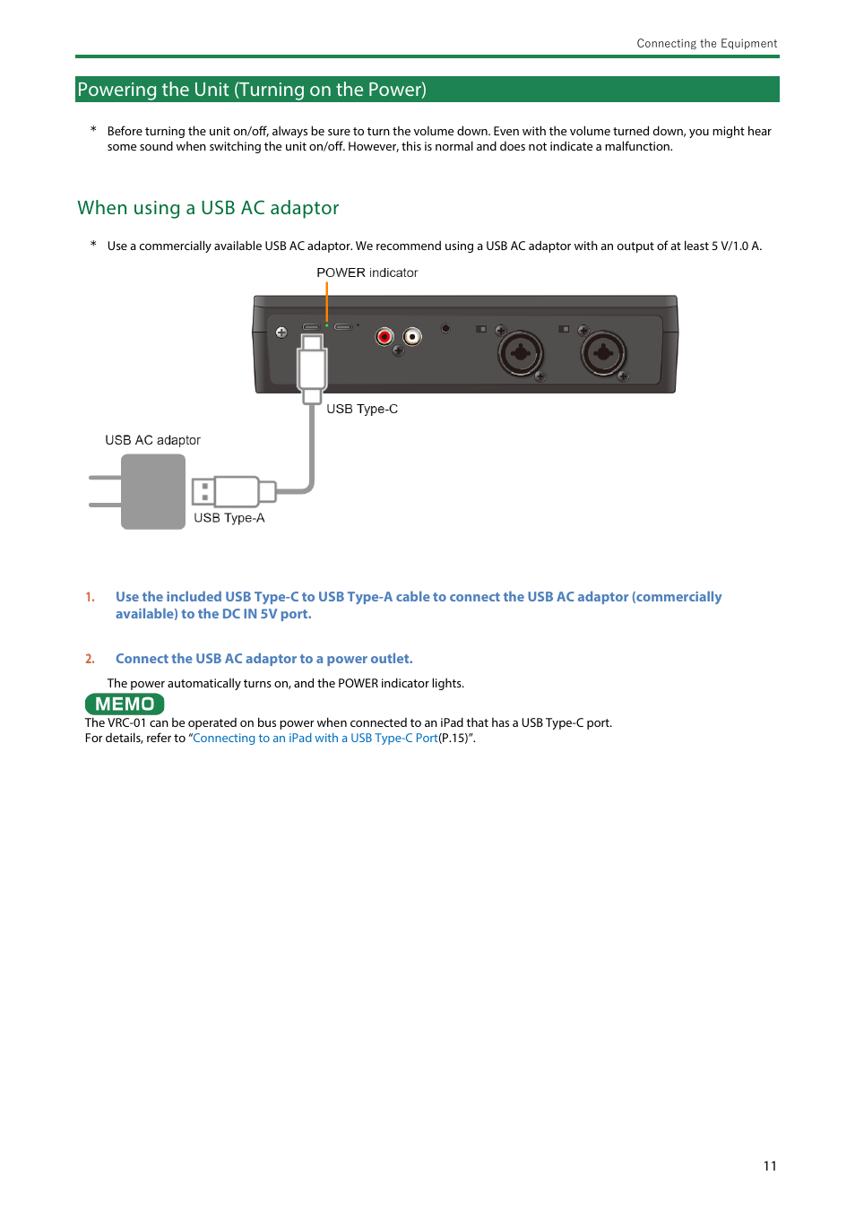 Powering the unit (turning on the power), Powering the unit (turning on the power)(p, Powering the unit (turning on | The power), When using a usb ac adaptor | Roland AeroCaster Livestreaming System User Manual | Page 11 / 34