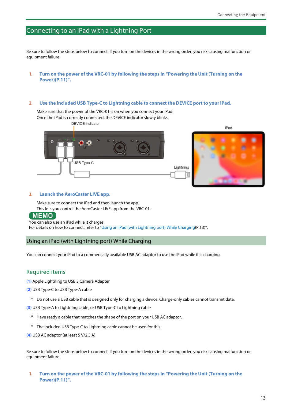 Connecting to an ipad with a lightning port, Using an ipad (with lightning port) while charging, Connecting to an ipad with a lightning port(p | Connecting to an ipad with a, Lightning port, Required items | Roland AeroCaster Livestreaming System User Manual | Page 13 / 34