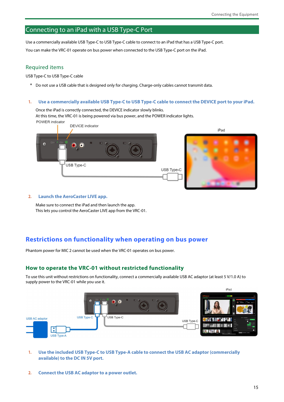 Connecting to an ipad with a usb type-c port, Connecting to an ipad with a usb type-c port(p, Required items | Roland AeroCaster Livestreaming System User Manual | Page 15 / 34