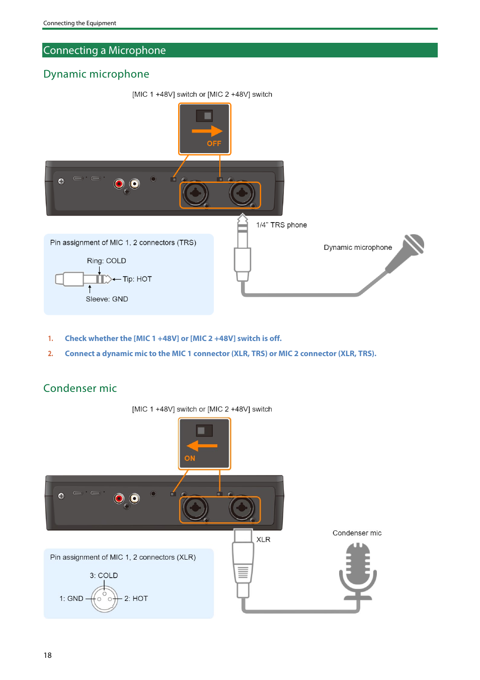 Connecting a microphone, Connecting a microphone(p, Connecting a microphone dynamic microphone | Condenser mic | Roland AeroCaster Livestreaming System User Manual | Page 18 / 34