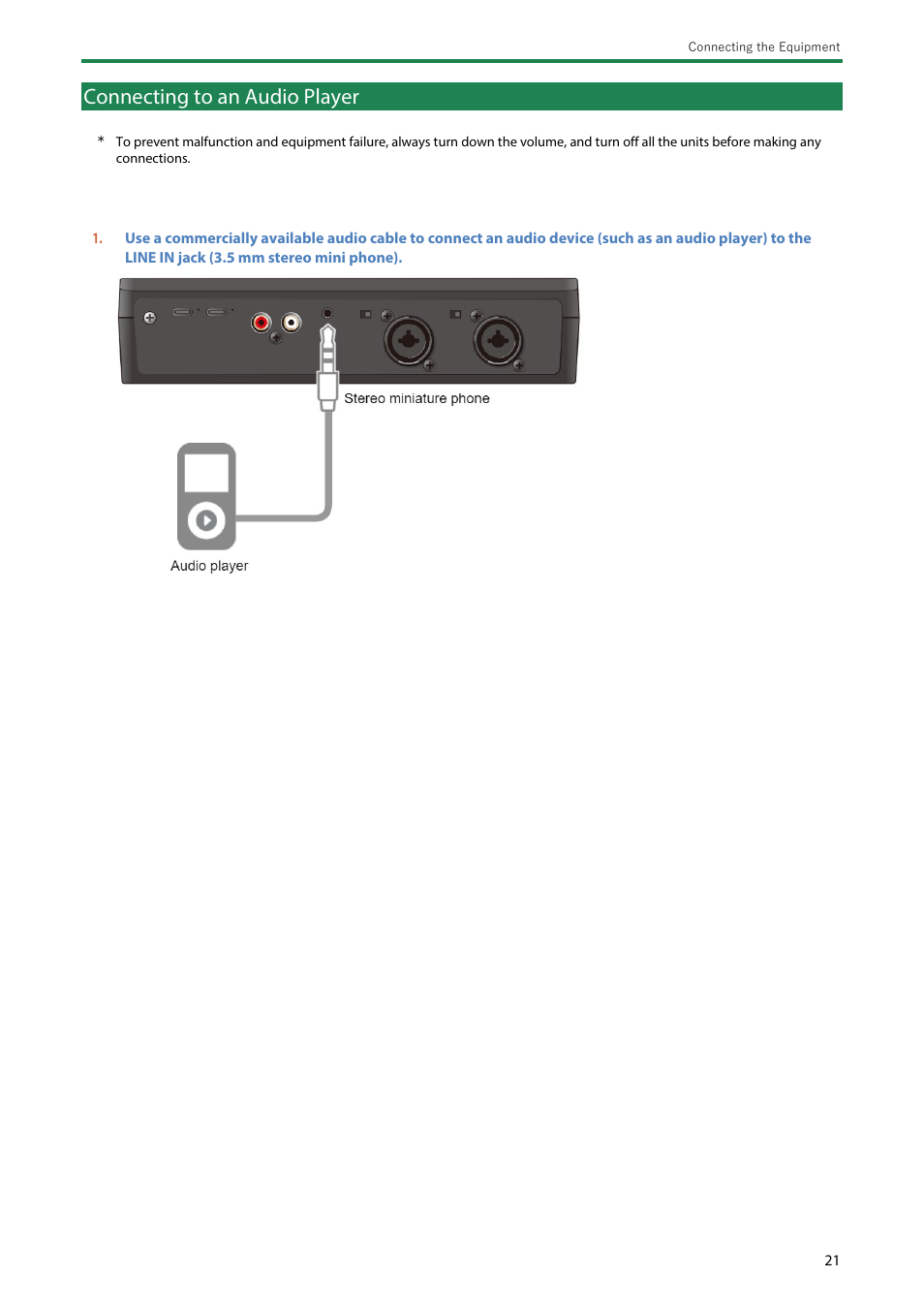 Connecting to an audio player, Connecting to an audio player(p | Roland AeroCaster Livestreaming System User Manual | Page 21 / 34