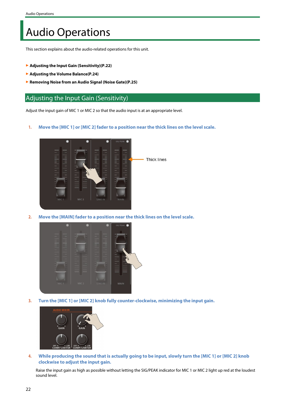 Audio operations, Adjusting the input gain (sensitivity) | Roland AeroCaster Livestreaming System User Manual | Page 22 / 34